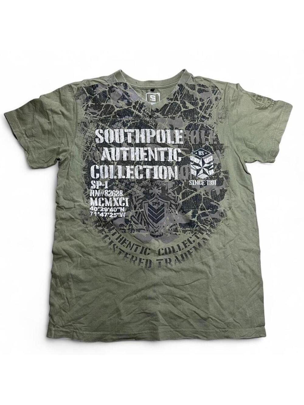 Y2K Vintage Military Style Green SouthPole Graphic T-Shirt Sz. L 100% Cotton